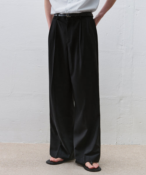 TWO TUCK BANDED WIDE LINEN SLACKS - 3 COLORS BLACK