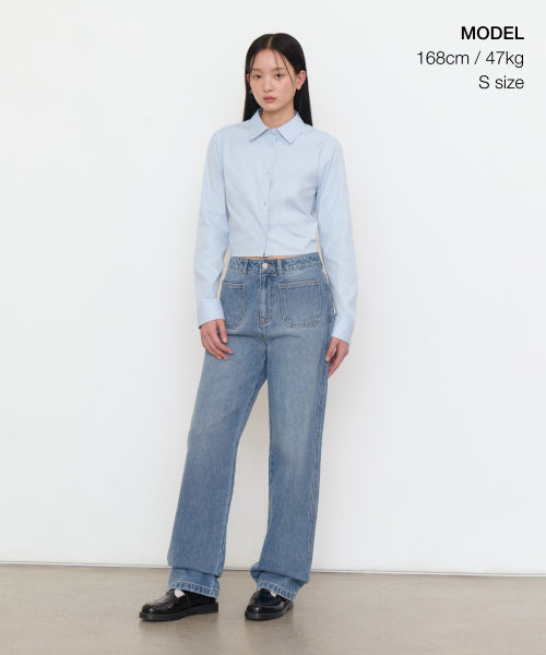 WOMENS SLIM FIT CROP SHIRT #韓韶禧同款! - 6 COLORS SKY BLUE