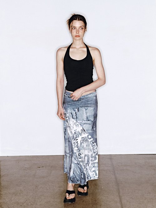 DENIM LONG SKIRT [BLACK PRINT] - 2 COLORS BLACK