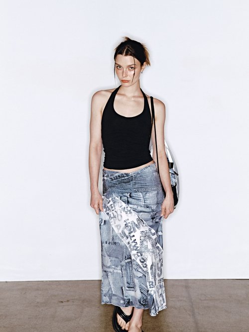 DENIM LONG SKIRT [BLACK PRINT] - 2 COLORS BLACK