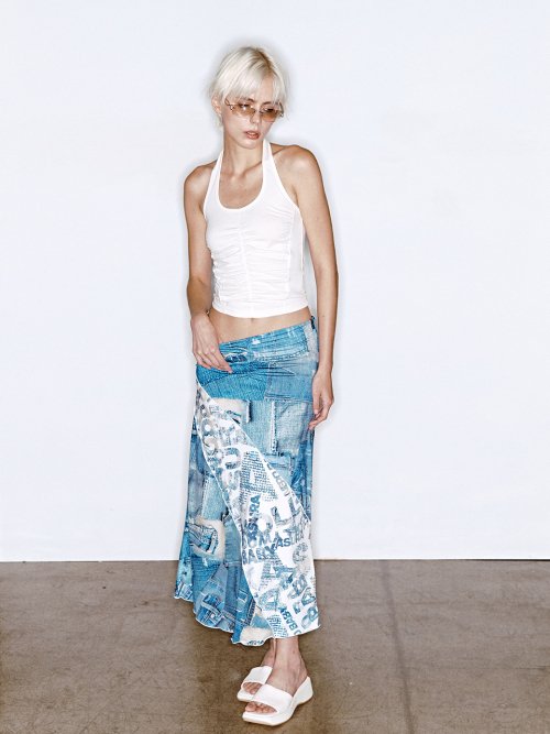 DENIM LONG SKIRT [BLACK PRINT] - 2 COLORS BLUE