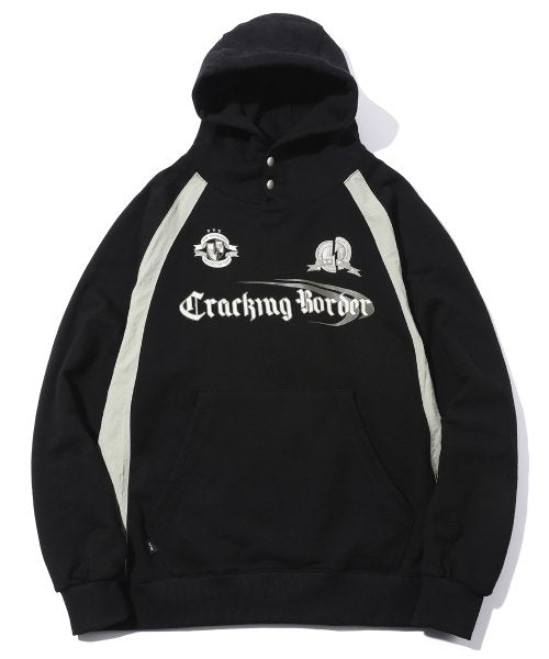 CRACKING SNAP RAGLAN HOOD MIXED PANEL DENIM PANTS AS SHOWN