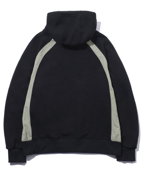 CRACKING SNAP RAGLAN HOOD MIXED PANEL DENIM PANTS AS SHOWN