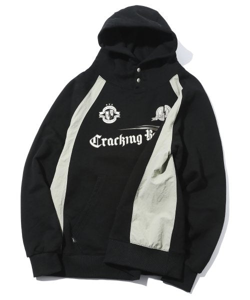 CRACKING SNAP RAGLAN HOOD MIXED PANEL DENIM PANTS AS SHOWN