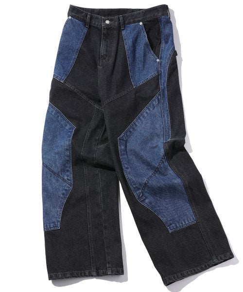 CRACKING SNAP RAGLAN HOOD MIXED PANEL DENIM PANTS AS SHOWN