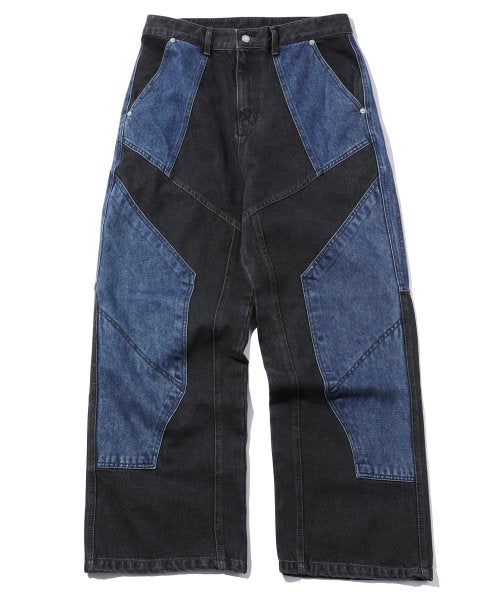 CRACKING SNAP RAGLAN HOOD MIXED PANEL DENIM PANTS AS SHOWN