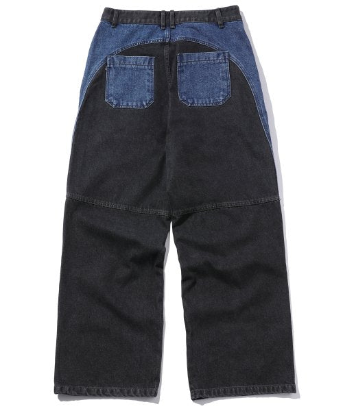 CRACKING SNAP RAGLAN HOOD MIXED PANEL DENIM PANTS AS SHOWN