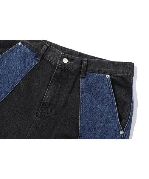 CRACKING SNAP RAGLAN HOOD MIXED PANEL DENIM PANTS AS SHOWN