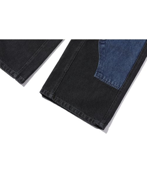 CRACKING SNAP RAGLAN HOOD MIXED PANEL DENIM PANTS AS SHOWN