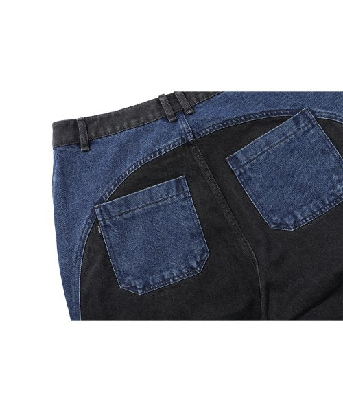 CRACKING SNAP RAGLAN HOOD MIXED PANEL DENIM PANTS AS SHOWN