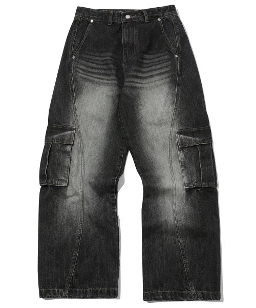 CARGO CURVED WIDE DENIM PANTS BLACK