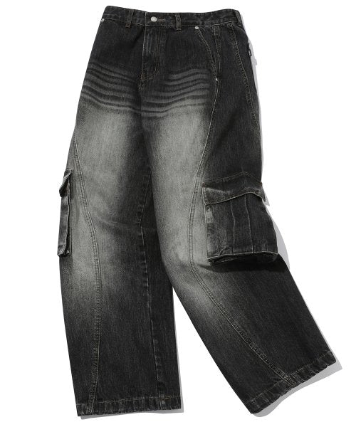 CARGO CURVED WIDE DENIM PANTS BLACK