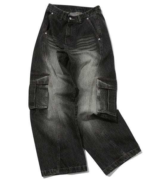 CARGO CURVED WIDE DENIM PANTS BLACK