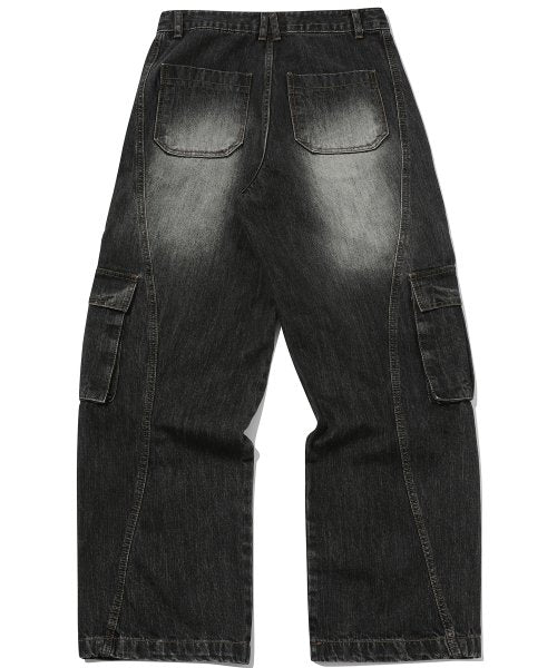 CARGO CURVED WIDE DENIM PANTS BLACK