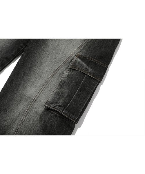 CARGO CURVED WIDE DENIM PANTS BLACK
