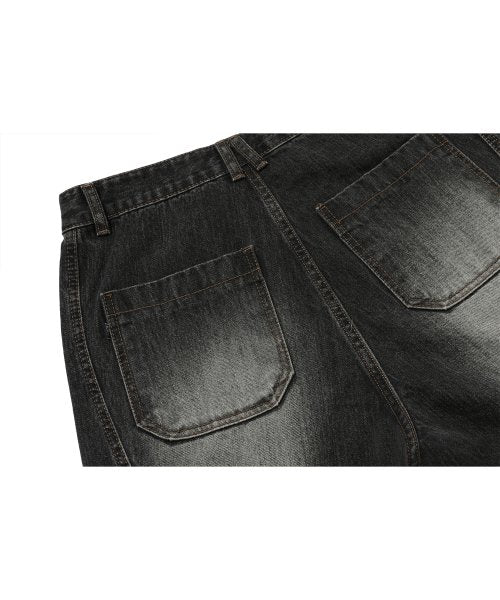 CARGO CURVED WIDE DENIM PANTS BLACK