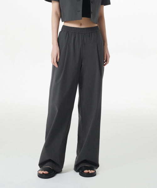 ONE TUCK WIDE BANDING SLACKS - 2 COLORS GRAY