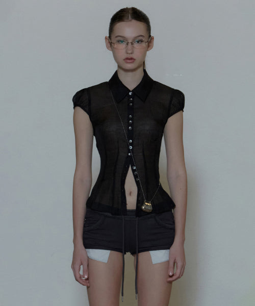SHEER PLEATED HEM BLOUSE - 3 COLORS BLACK
