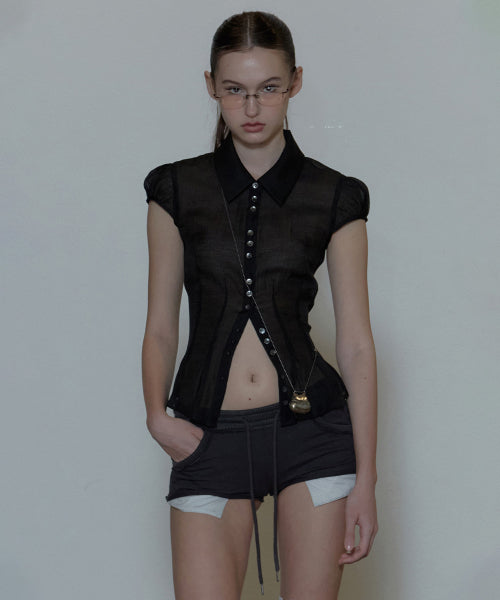 SHEER PLEATED HEM BLOUSE - 3 COLORS BLACK
