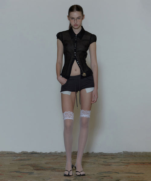 SHEER PLEATED HEM BLOUSE - 3 COLORS BLACK