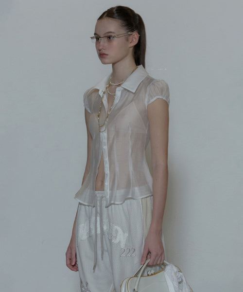 SHEER PLEATED HEM BLOUSE - 3 COLORS WHITE