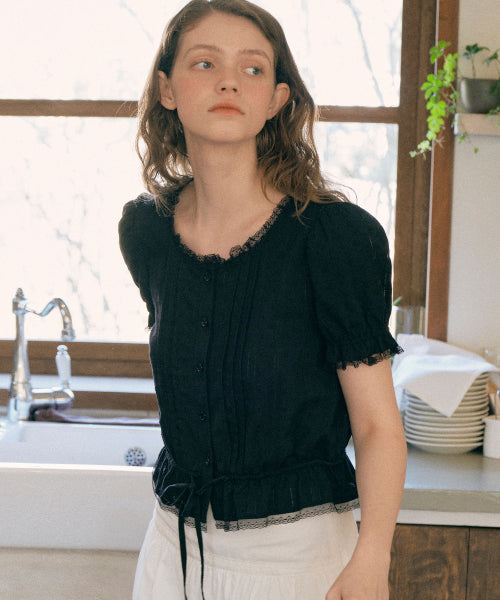 FRILL SHIRRING BLOUSE - 2 COLORS BLACK