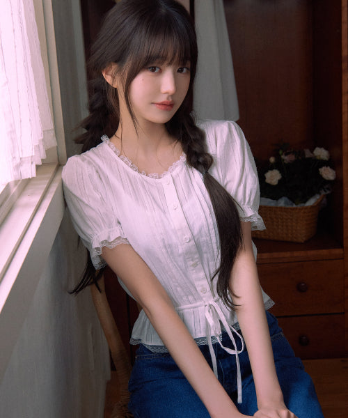 FRILL SHIRRING BLOUSE - 2 COLORS WHITE