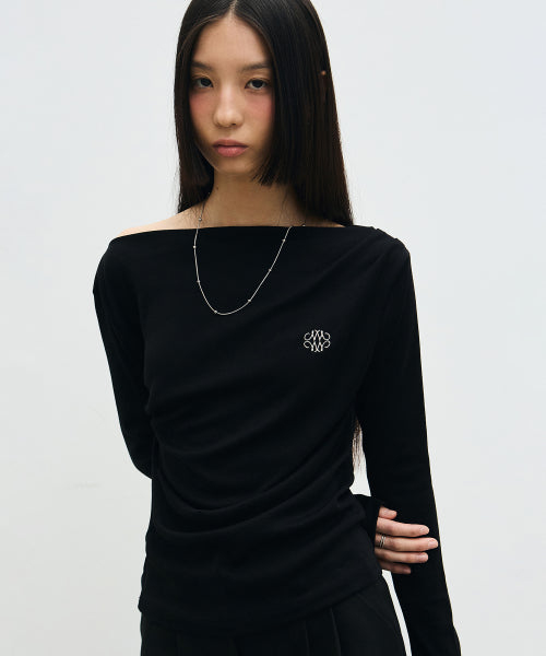 SHIRRING DRAPE BOAT NECK TOP #徐睿知同款! - 5 COLORS BLACK