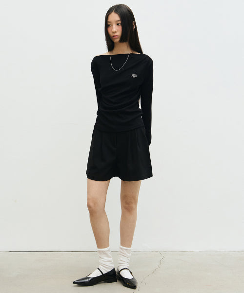 SHIRRING DRAPE BOAT NECK TOP #徐睿知同款! - 5 COLORS BLACK