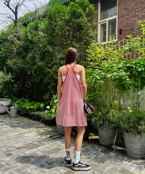 MENASOO SUMMER STRIPE TERRY STRAP ONEPIECE - 2 COLORS RED