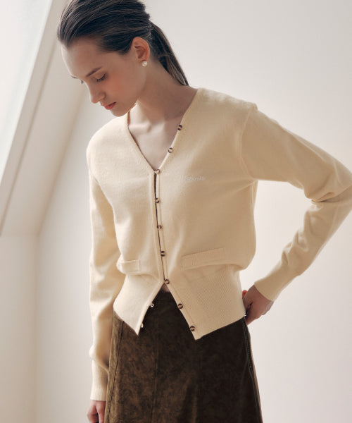 V NECK LOGO BUTTON CARDIGAN - 3 COLORS BUTTER