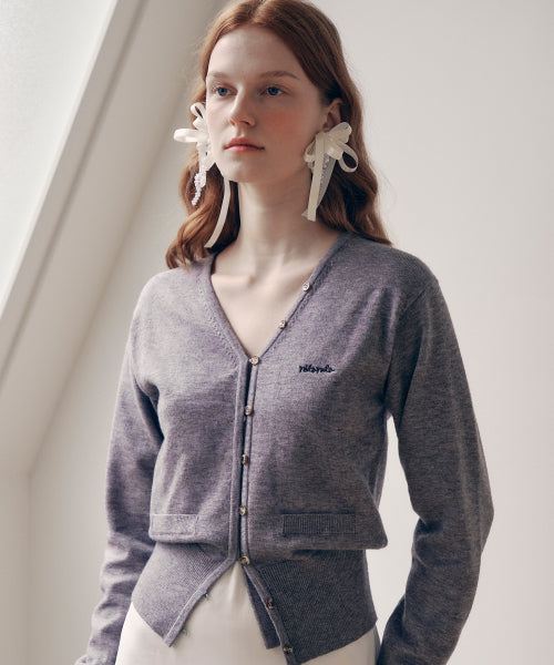 V NECK LOGO BUTTON CARDIGAN - 3 COLORS GREY