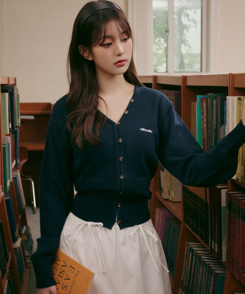 V NECK LOGO BUTTON CARDIGAN - 3 COLORS NAVY