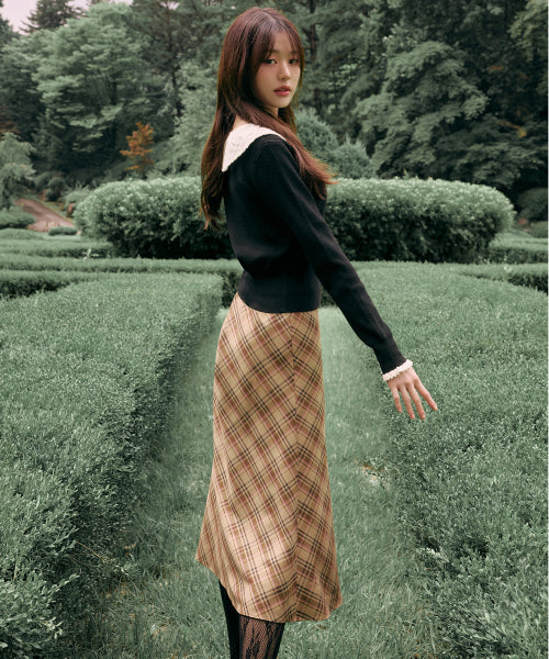 CHECK MIDI SKIRT BROWN