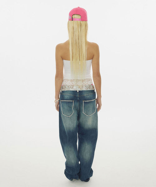BEADED WAIST DENIM PANTS BLUE