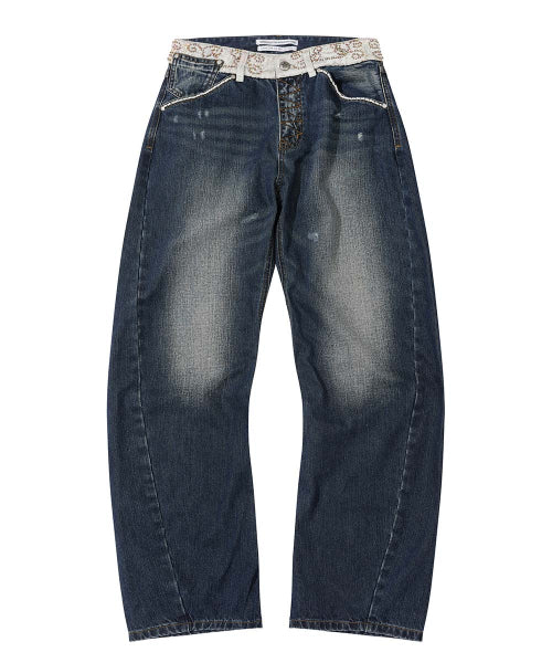 BEADED WAIST DENIM PANTS BLUE