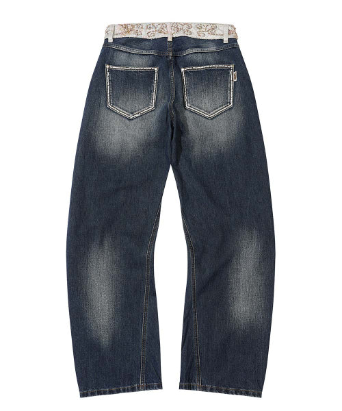 BEADED WAIST DENIM PANTS BLUE