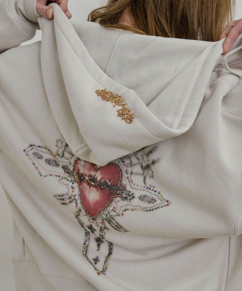 BEADED SAINT HOODIE ZIP UP - 2 COLORS DIRTY WHITE
