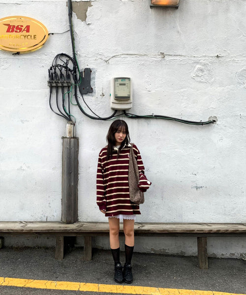 MENASOO STRIPE RUGBY T SHIRT - 3 COLORS BURGUNDY