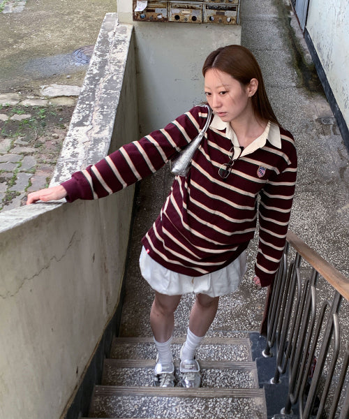 MENASOO STRIPE RUGBY T SHIRT - 3 COLORS BURGUNDY