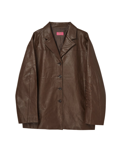 FAUX LEATHER EMBROIDERY JACKET BROWN - 2 COLORS