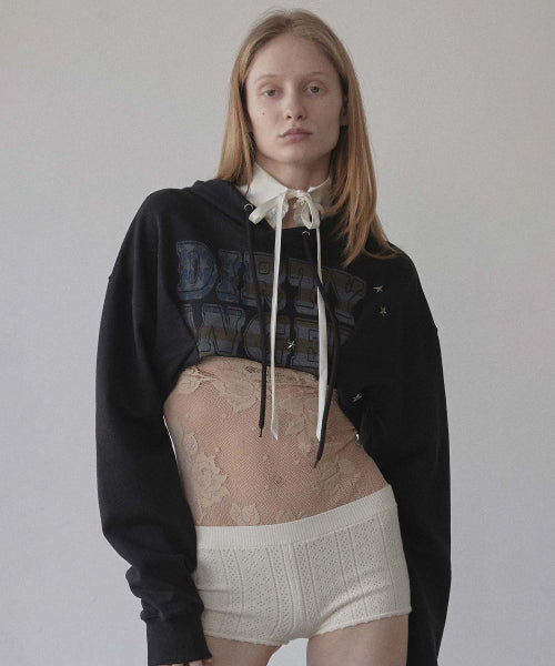 GLITTER FLAG CROP HOODIE RAW - 3 COLORS BLACK