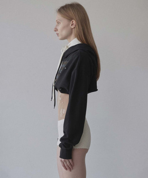 GLITTER FLAG CROP HOODIE RAW - 3 COLORS BLACK