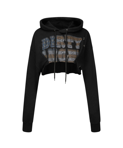 GLITTER FLAG CROP HOODIE RAW - 3 COLORS BLACK