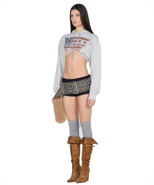 GLITTER FLAG CROP HOODIE RAW - 3 COLORS MELANGE GREY