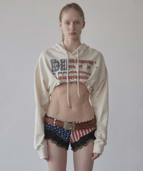 GLITTER FLAG CROP HOODIE RAW - 3 COLORS AS SHOWN