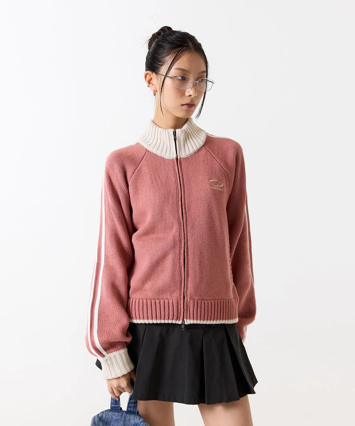SPORTY TRACK SEMI-CROP KNIT ZIP-UP - PINK