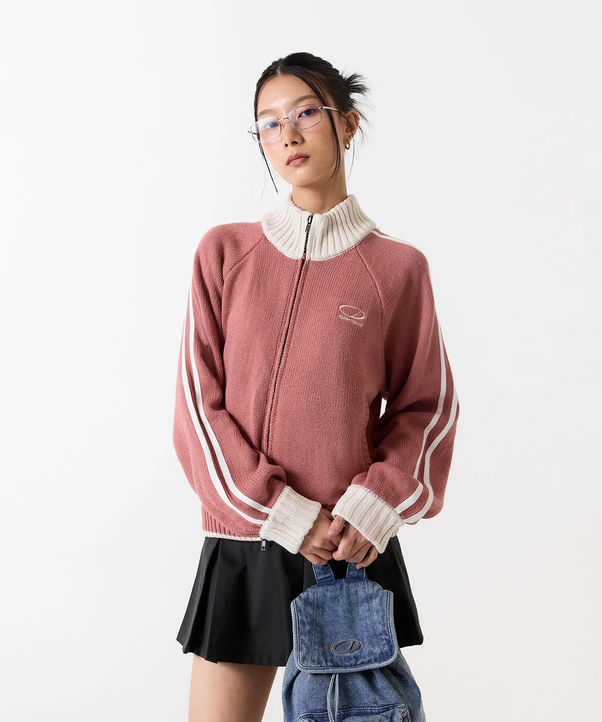 SPORTY TRACK SEMI-CROP KNIT ZIP-UP - PINK