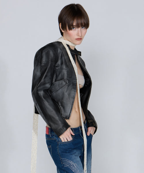 EMBOSS FAUX LEATHER BOMBER SAGE - 3 COLORS BLACK