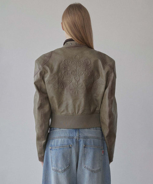 EMBOSS FAUX LEATHER BOMBER SAGE - 3 COLORS AS SHOWN